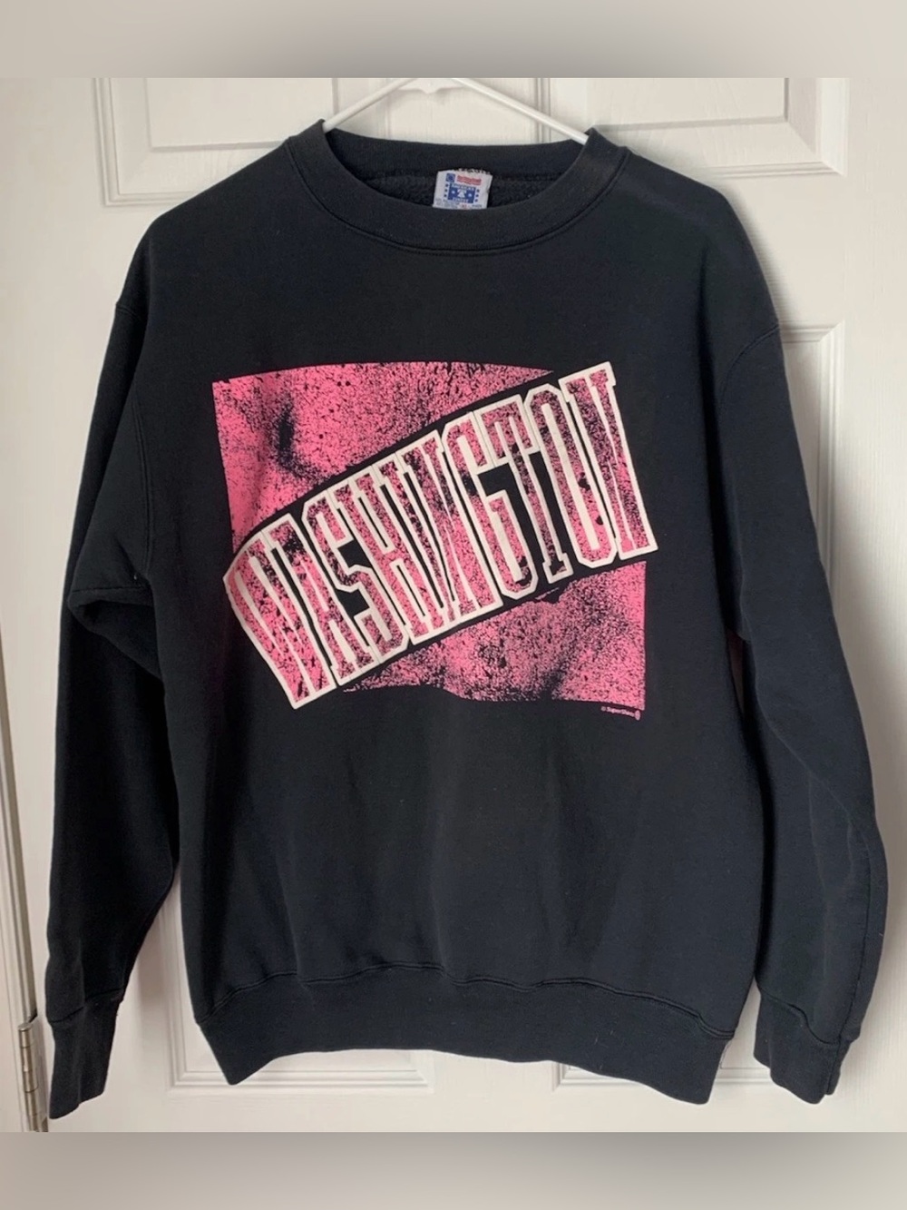 Black Crewneck Sweatshirt with Pink 'Washington' Graphic
